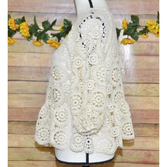 Justfab Ladies S Cream Crochet 3/4 Puff Sleeve Top Cottage Granny Core Boho - Picture 6 of 10